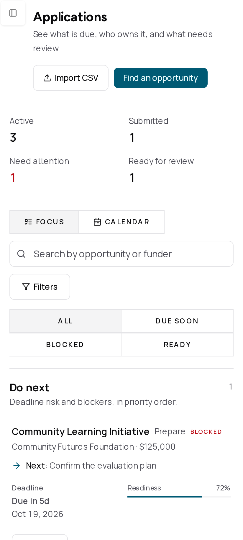 GrantAPT applications view showing priority work, deadlines, readiness, and next actions