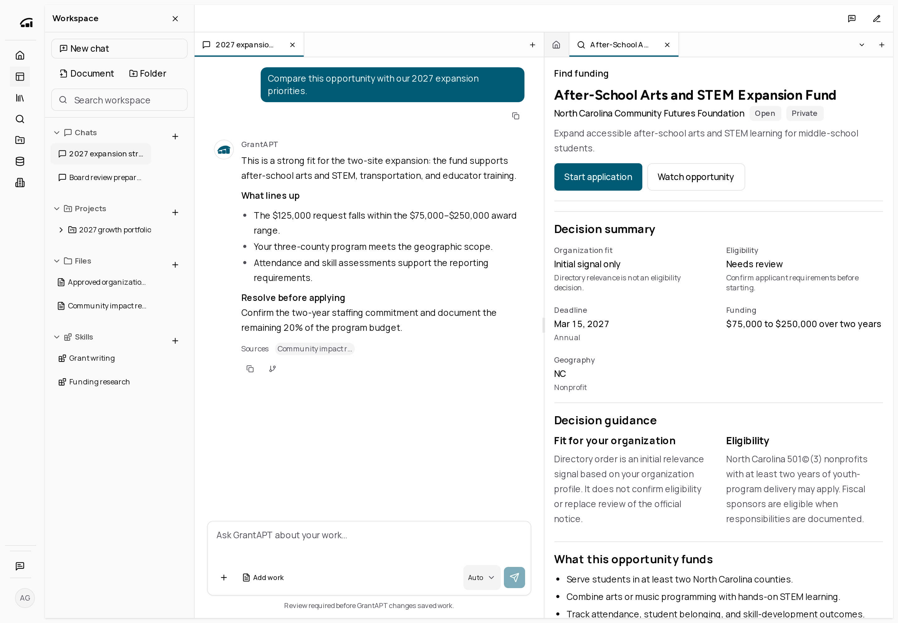GrantAPT opportunity view showing eligibility, funding, deadline, decision guidance, and official source details