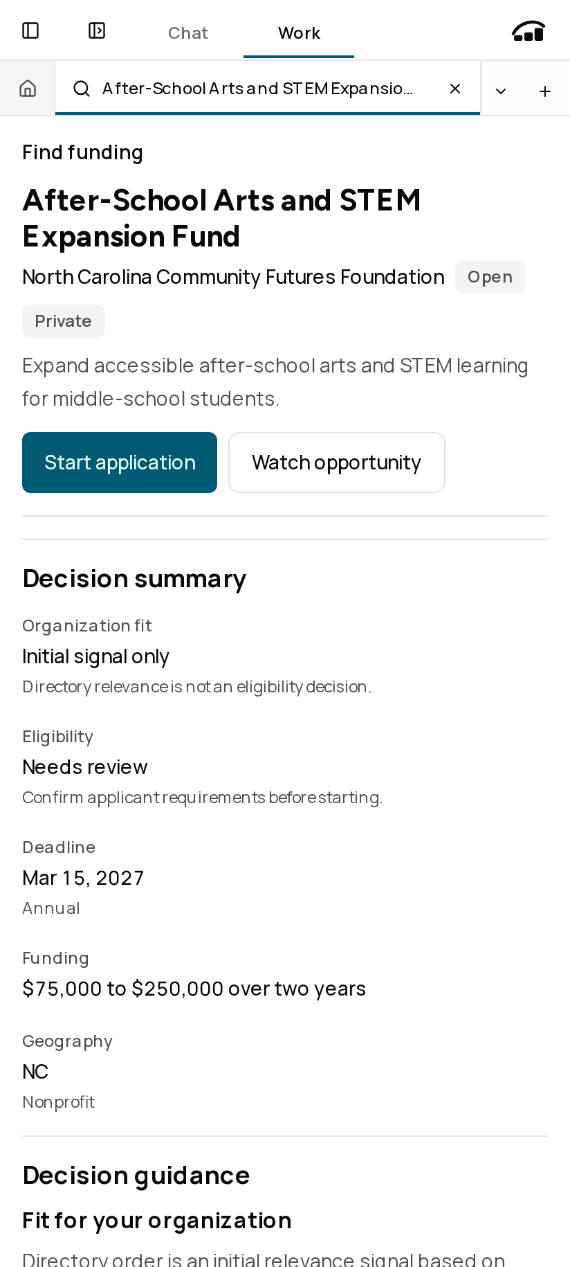 GrantAPT opportunity view showing eligibility, funding, deadline, decision guidance, and official source details