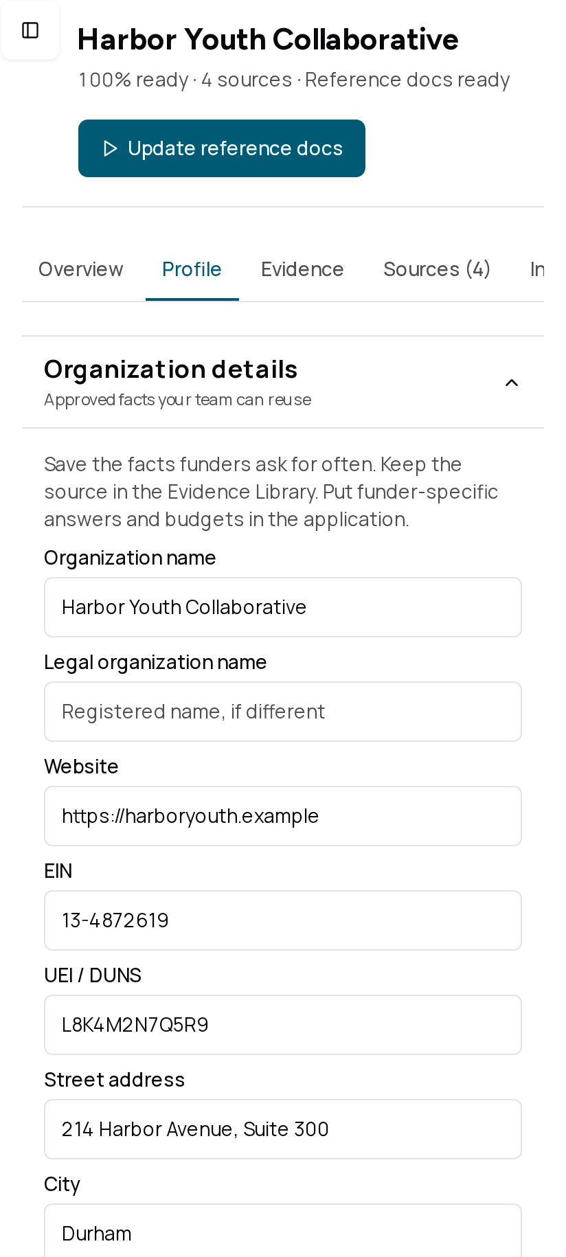 GrantAPT organization profile showing complete identity, mission, community, and capacity context for Harbor Youth Collaborative