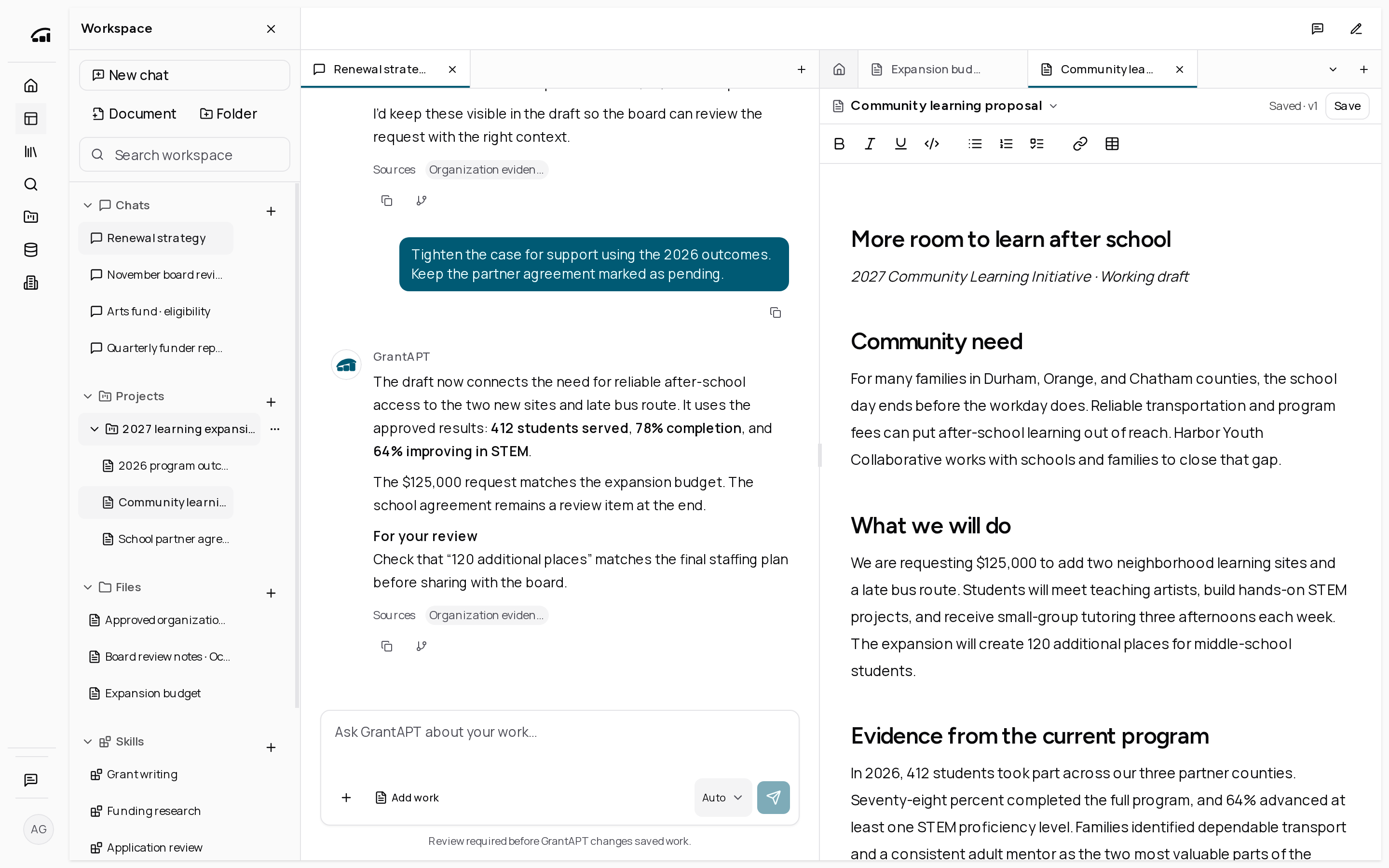 GrantAPT Workspace showing a source-grounded community learning proposal
