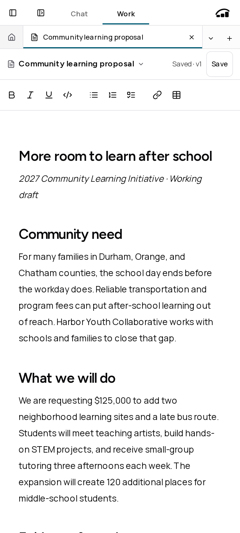 GrantAPT Workspace showing a source-grounded community learning proposal